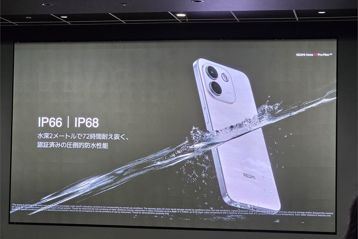 IP66/IP68の防塵・防水性能を示したスライド。メーカーはさらに、TÜV SÜDによる水深2mで72時間の耐水試験をクリアしたと説明する。水害時に必ず使える保証ではないが、情報機器が水で失われにくいことは重要な評価軸になる。