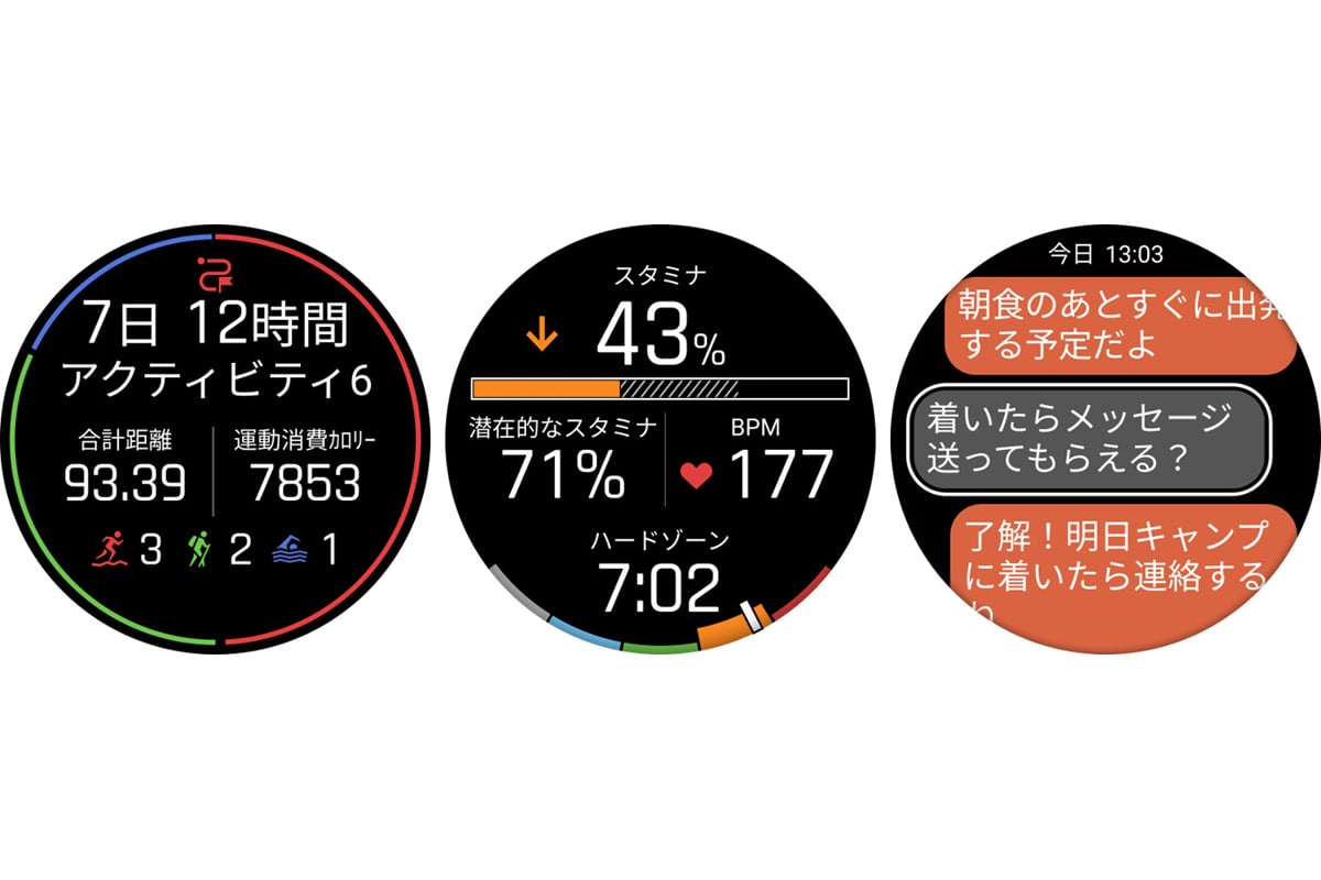 左からGarmin Epic、スタミナゾーン、Garmin Messenger 