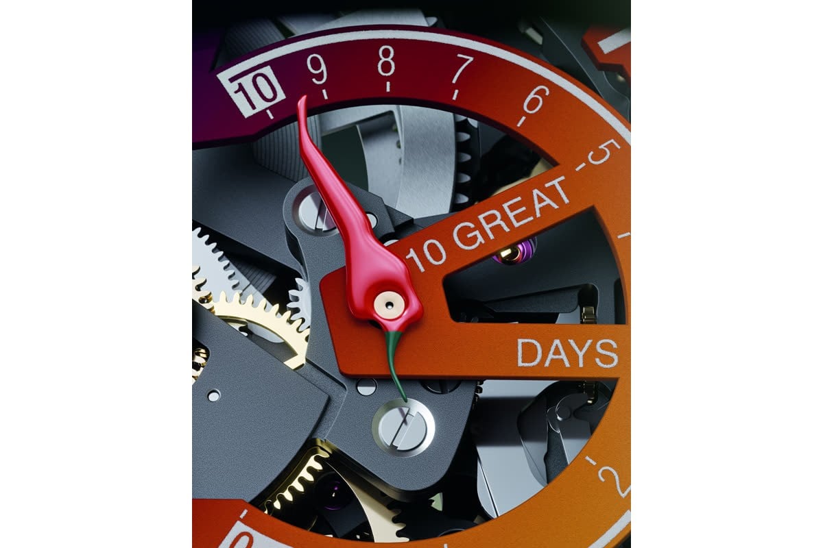 パワーリザーブ表示には、ステージネーム“グレート・ゴンゾ”にちなむ「10 GREAT DAYS」の文字を刻印。