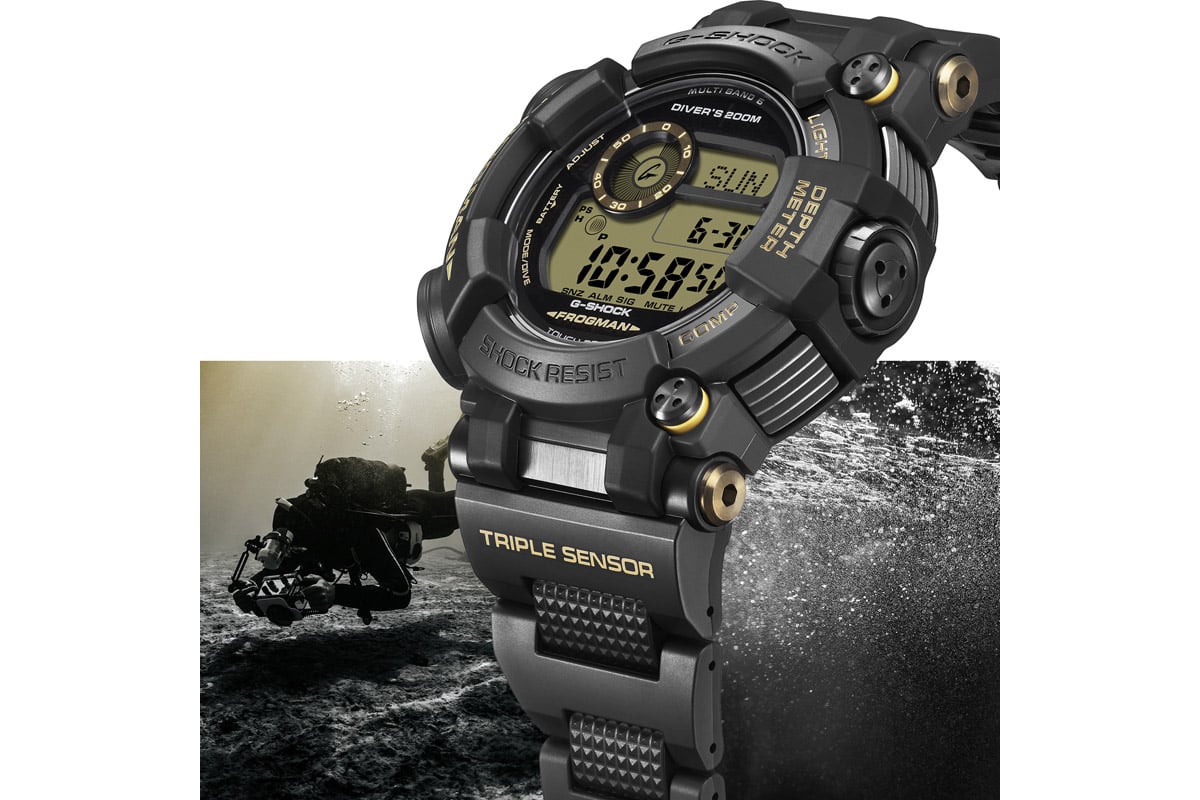 ベゼルにDLCコーティング、フロントビスにブラックIPを施し、金属の質感を高めた「FROGMAN（GWF-D1000BC-1）」