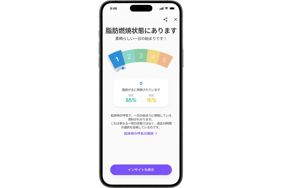 糖質・脂質の利用傾向を表示するアプリ画面の例。ルーメンレベルは1~5で示され、数字の大小が健康の優劣を表すものではない。