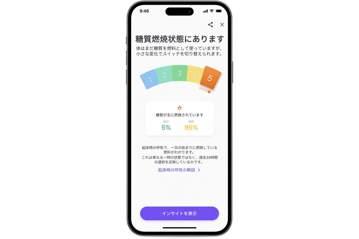 糖質の利用が多い傾向を示すアプリ画面の例。脂質の利用が多い状態と合わせ、状況による変化を見る。