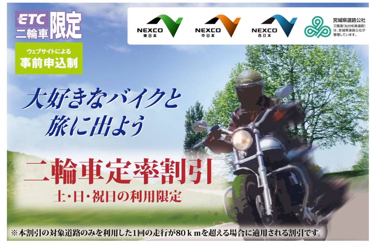 事前申込制で、土日祝の利用限定となる「二輪車定率割引」。80kmを超える場合に適用される。