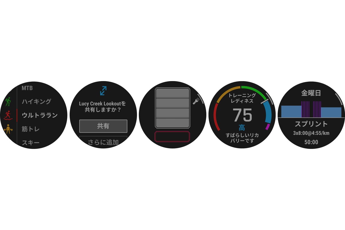 左から、アクティビティ一覧、Garminシェア、LEDフラッシュライト、トレーニングレディネス、おすすめワークアウト