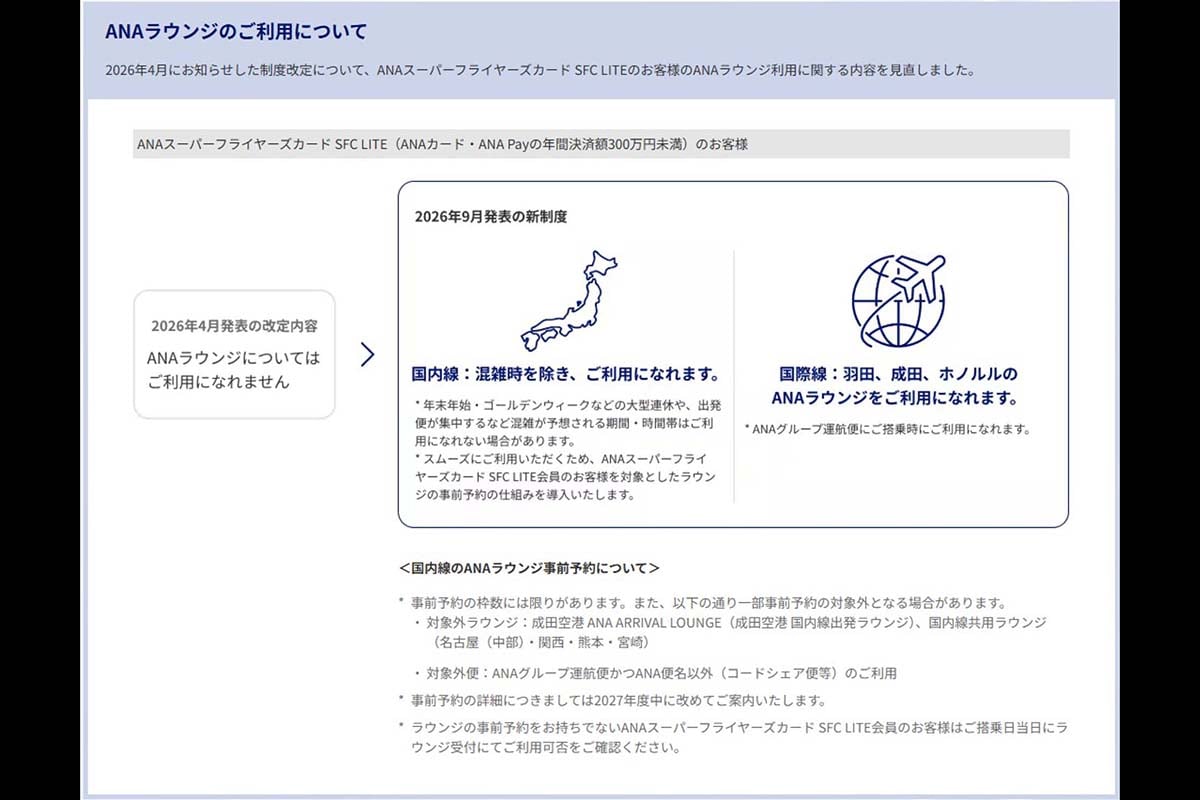 9月29日にANAより発表されたSFC新制度の見直し。ラウンジの利用条件が緩和されたことがわかる