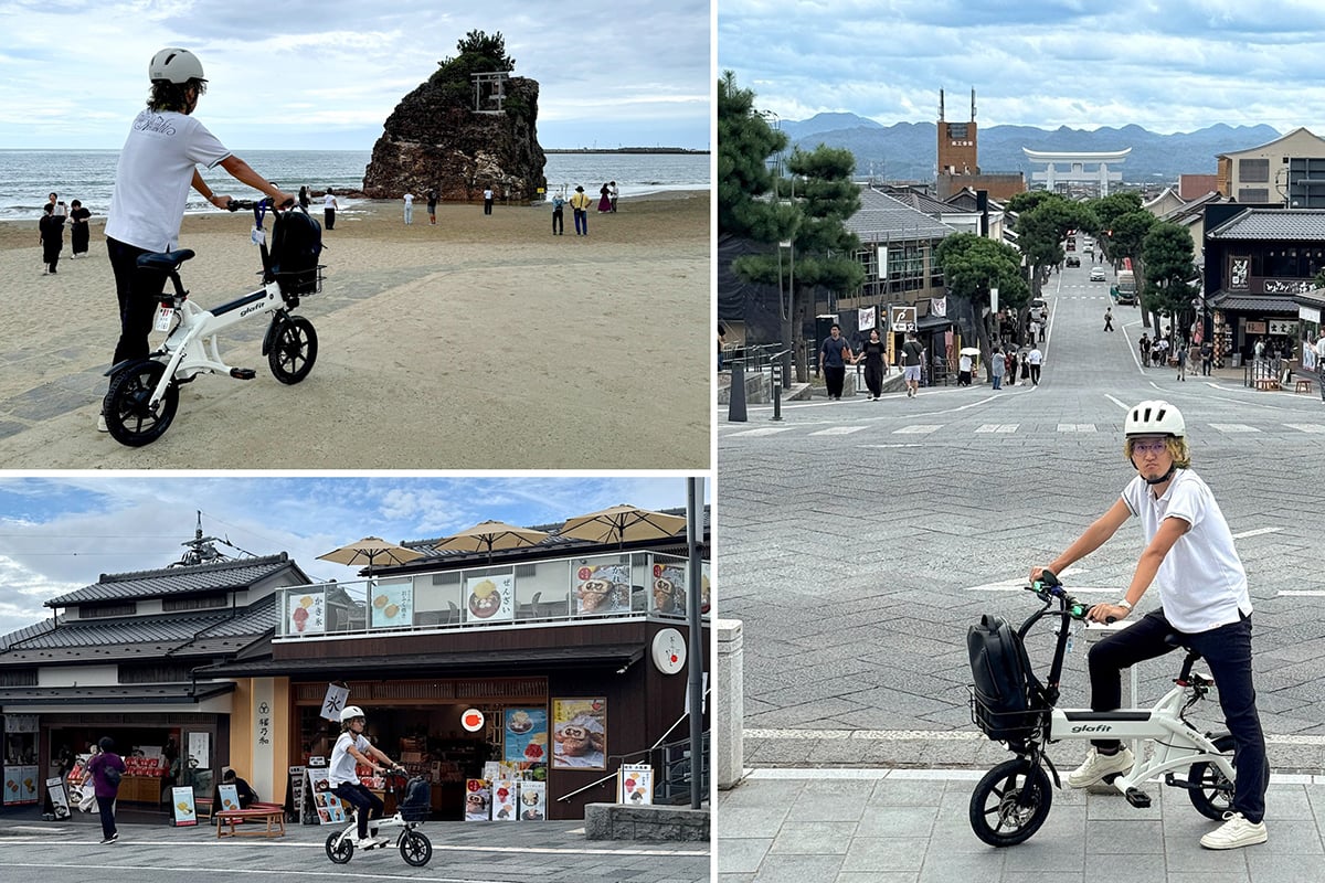 左上／稲佐の浜のシンボル「弁天島」。かつては沖に浮かぶ島だったが、現在は砂浜から間近に見ることができる　左下・右／飲食店や土産物店が並ぶ「神門通り」。坂道のある門前町も、電動サイクルで軽快に移動しながら、散策や食べ歩きを楽しめる